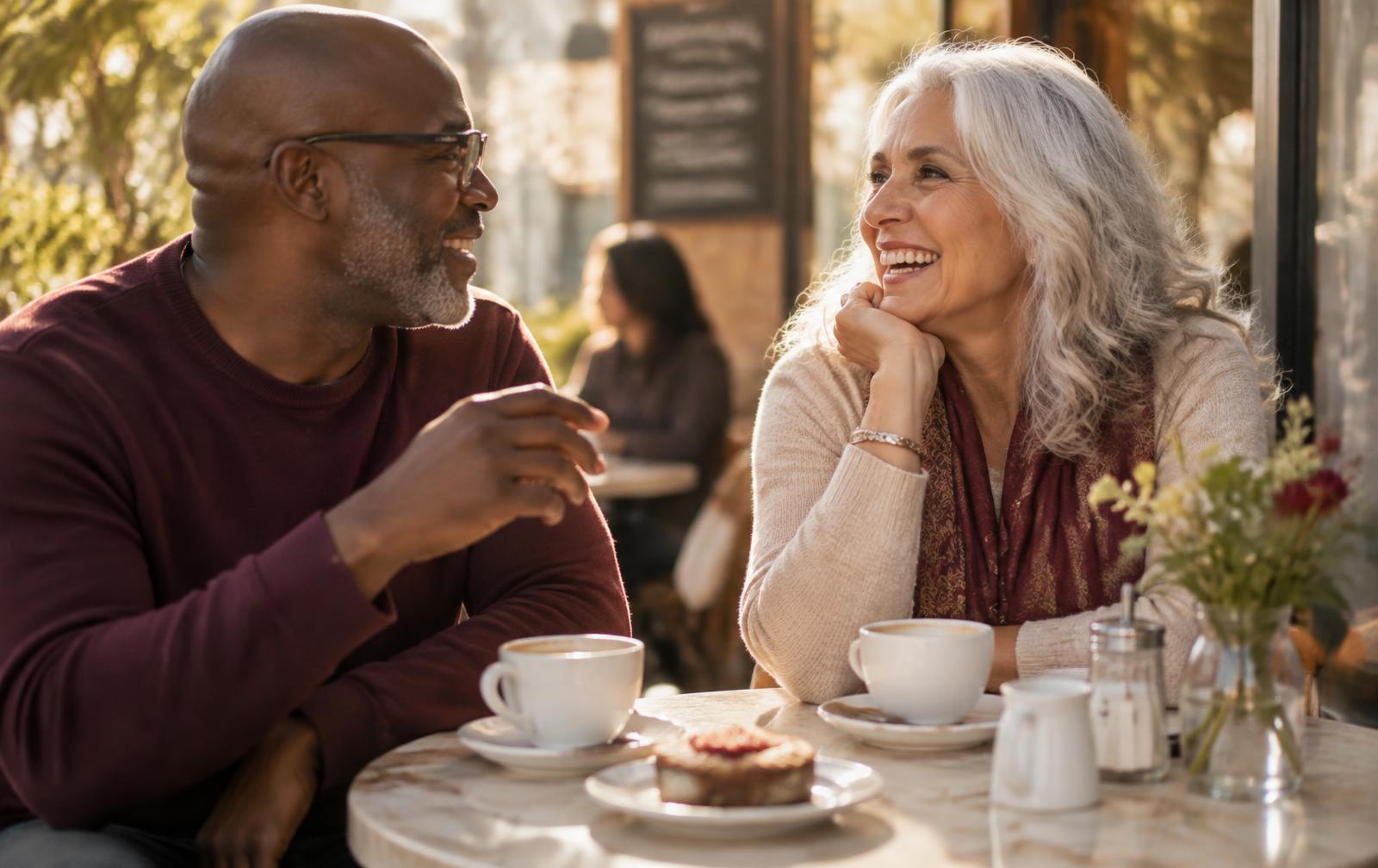 A mature couple laughing together over coffee